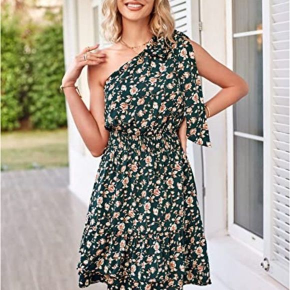 Womens 2023 Summer Casual Boho One Shoulder  Tie Floral Flowy Ruffle Mini Dresse - Picture 3 of 4